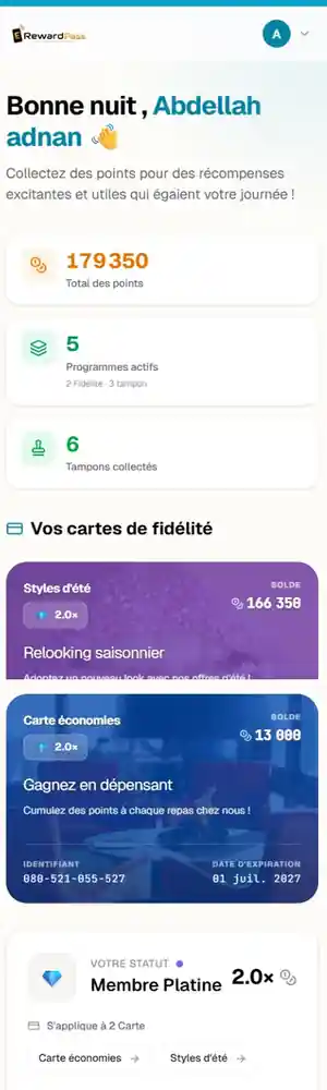 Carte de fidélité digitale Reward Pass pour commerces 14 Espace client Reward Pass : points, cartes de fidélité et cartes à tampons